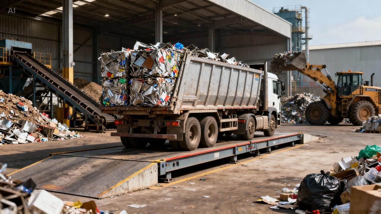 Timbangan truk digital di fasilitas pengelolaan limbah untuk menghitung berat sampah