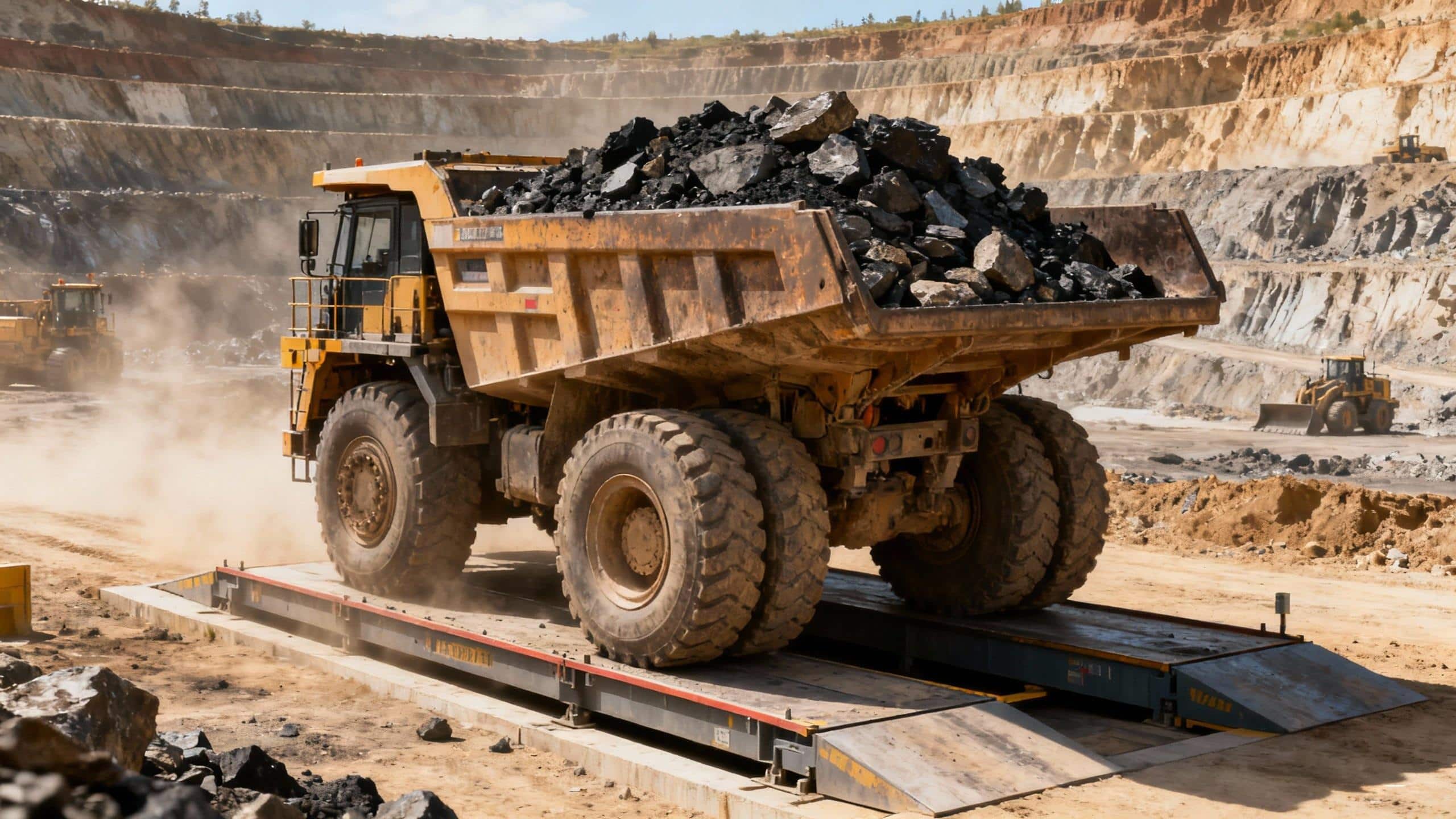 Timbangan truk digital di area pertambangan untuk penimbangan muatan mineral dan batu bara