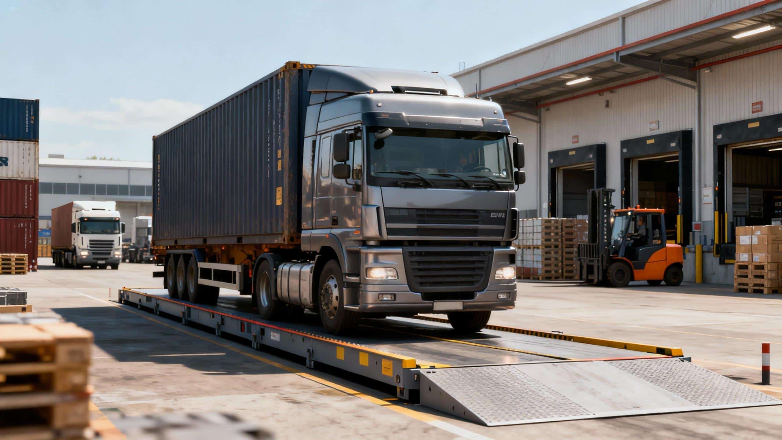 Timbangan truk digital di pusat logistik untuk memastikan berat truk sesuai regulasi