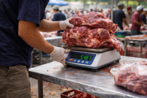 Timbangan Meja menimbang daging