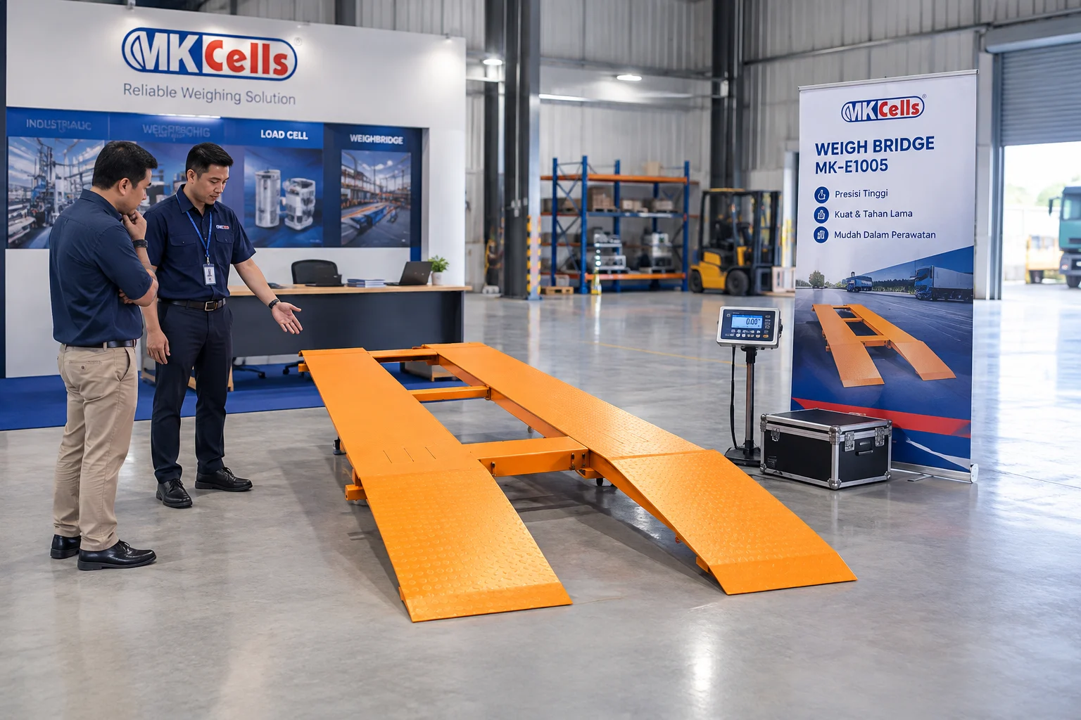 buatkan gambar alat ini WEIGH BRIDGE MK-E1005 yang sedang dilapangan gambar berukuran 1800x1200 pixel. tanpa mengubah gambar timbangannya,tidak memakai podumnya ukurannya sedang aja